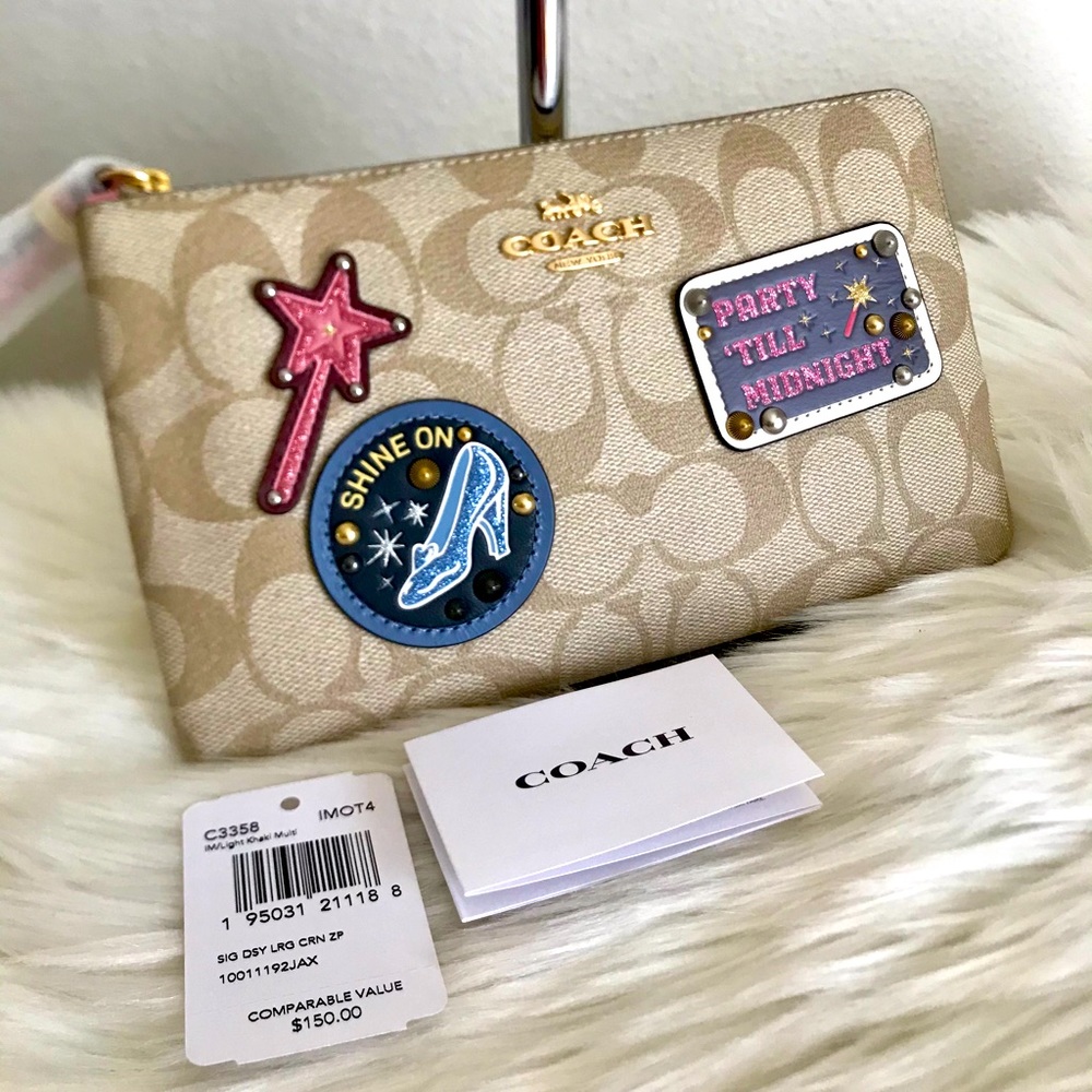 Disney X Coach Large Corner Zip Wristlet In Signature Canvas With Patches